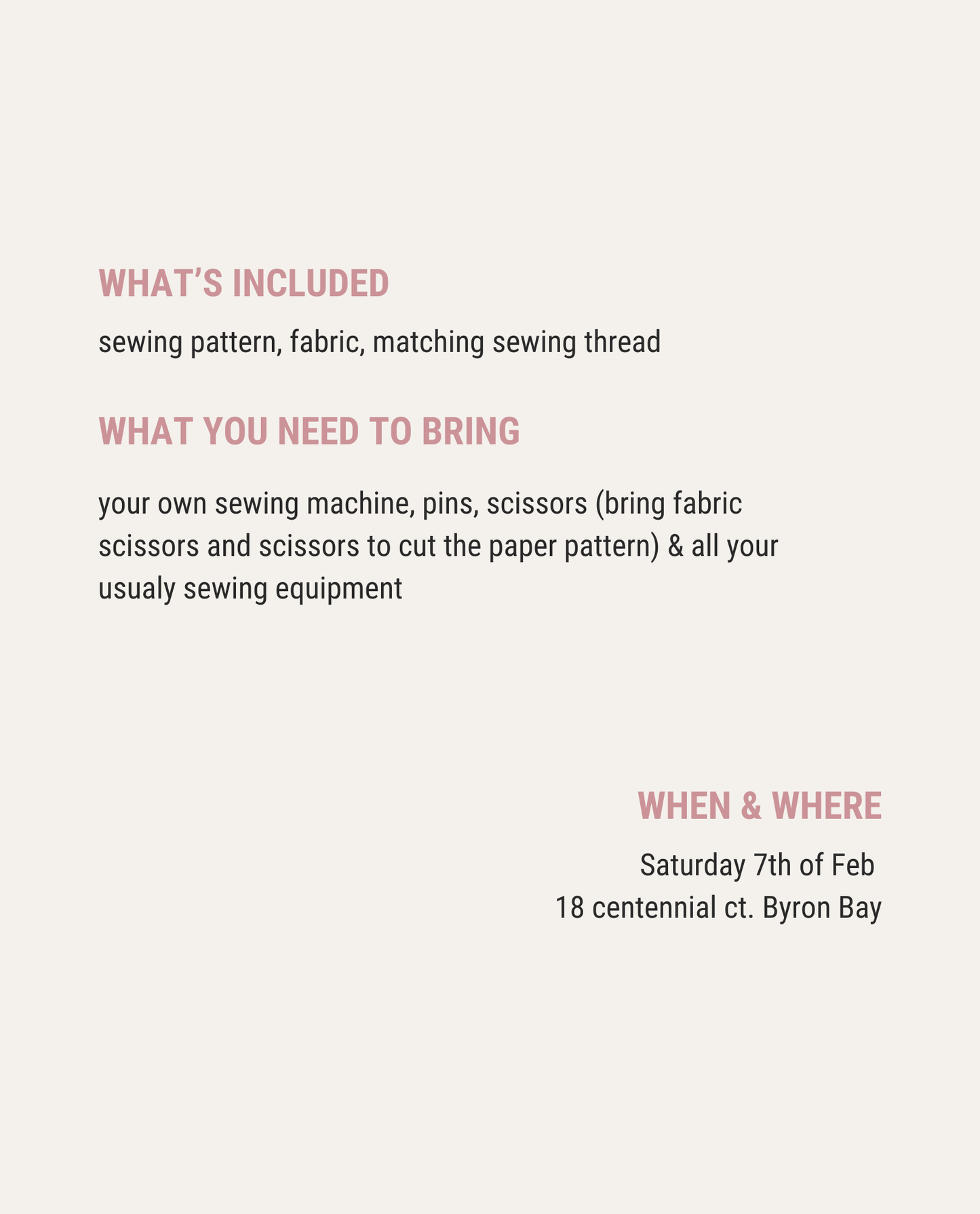 Text detailing sewing kit contents, required items, and event details on a white background