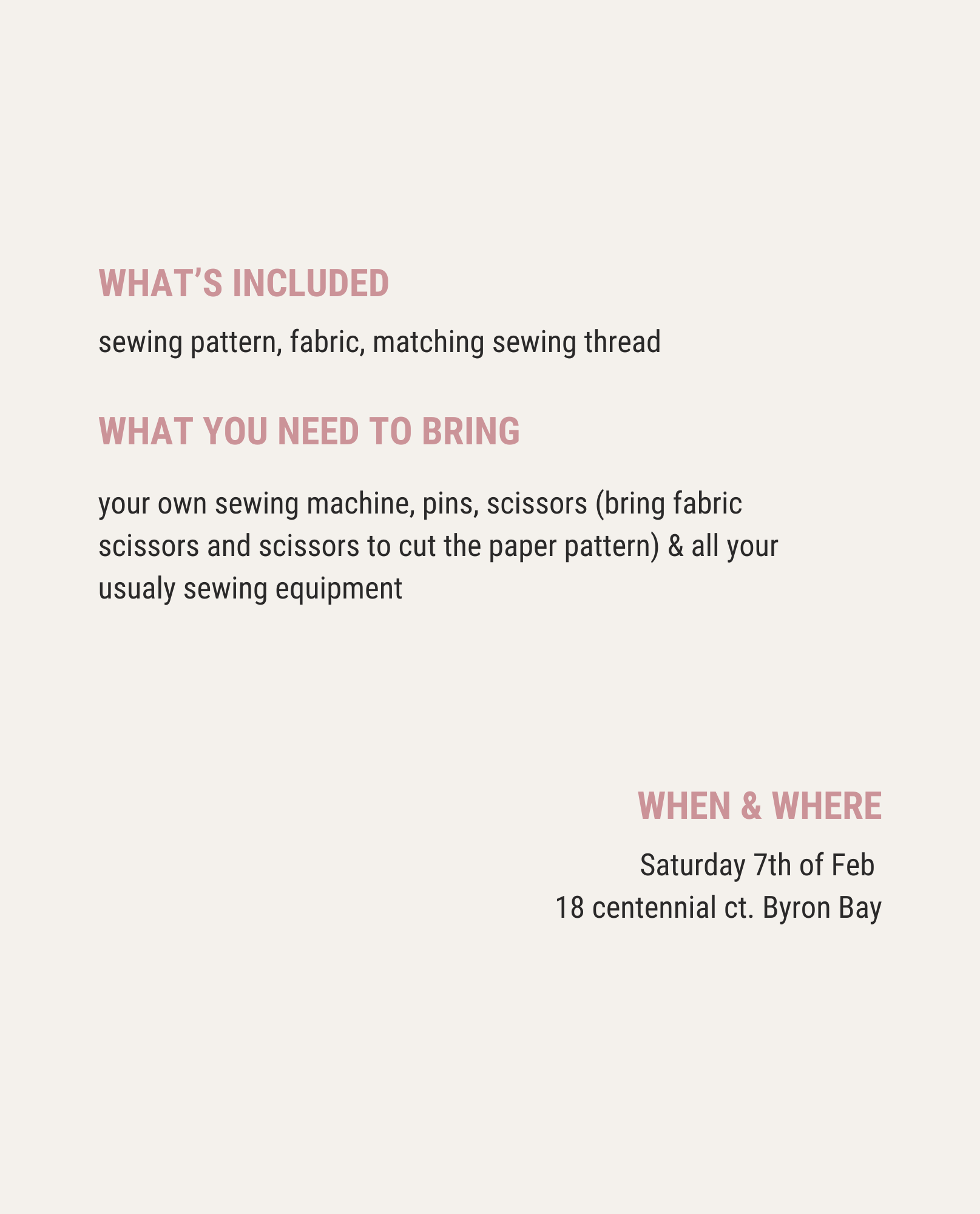Text detailing sewing kit contents, required items, and event details on a white background