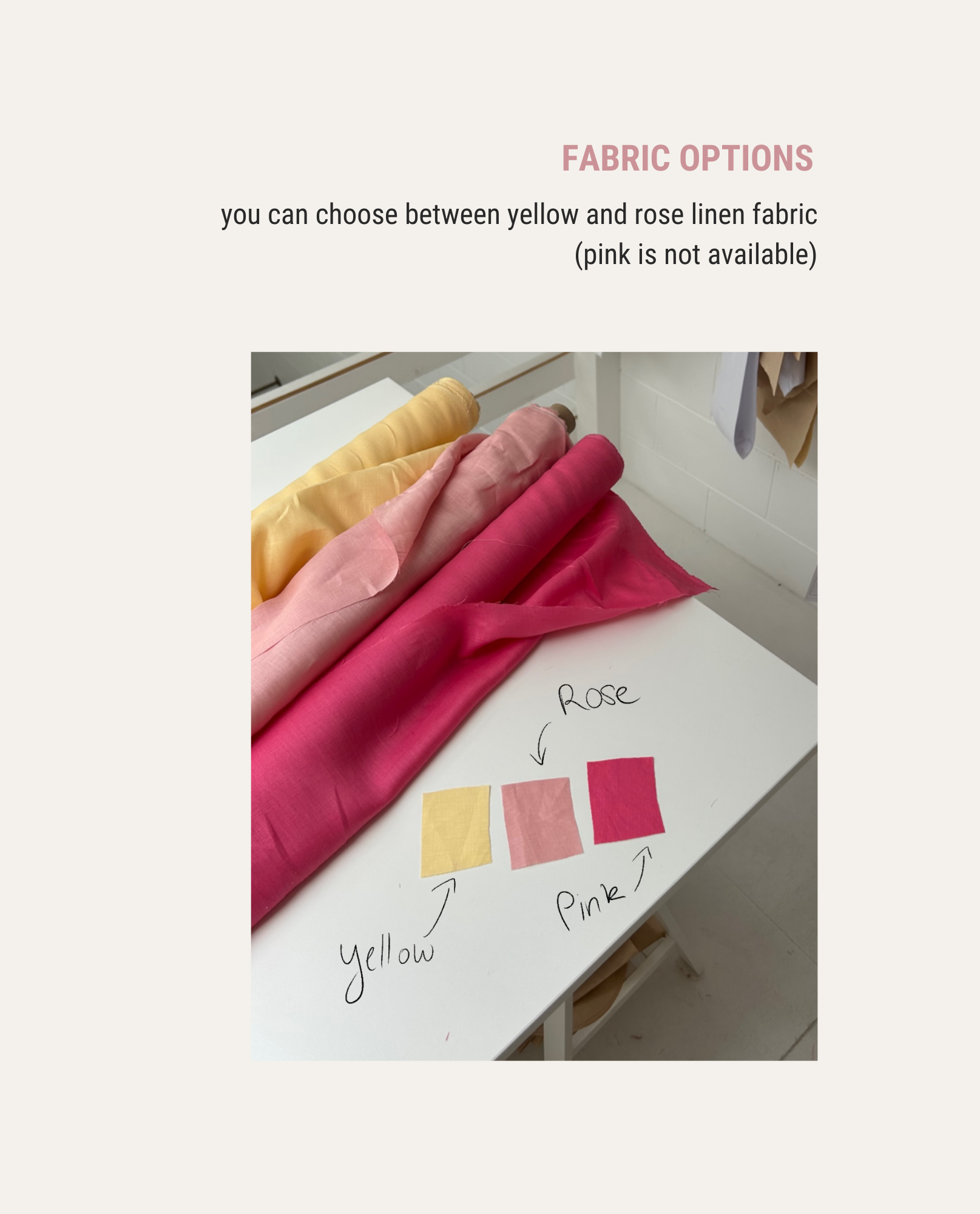 Fabric samples in yellow, pink, and rose on a table with color swatches.
